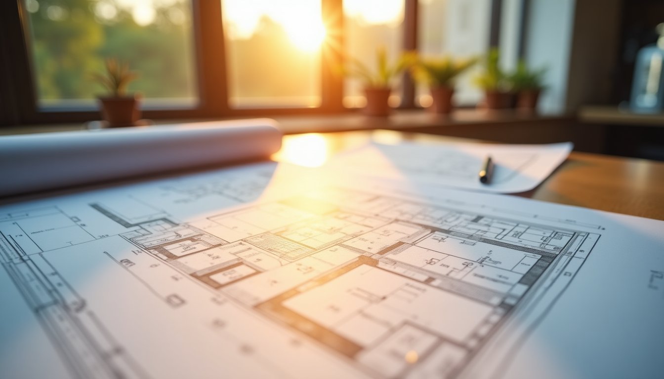 Mesa de escritório de arquitetura com plantas técnicas em formato A3 e luz dourada de fim de tarde ao fundo