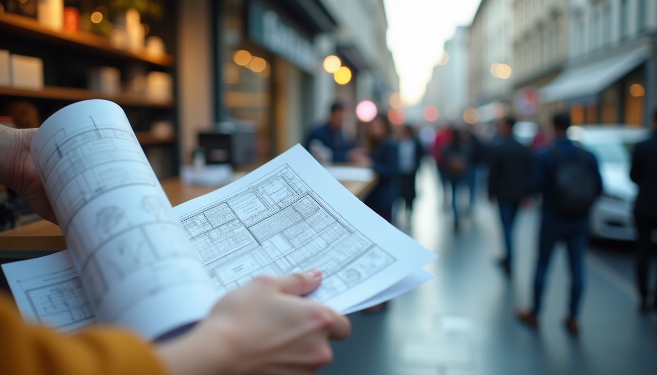 Mão de arquiteto segurando plantas técnicas em gráfica rápida, fila ao fundo