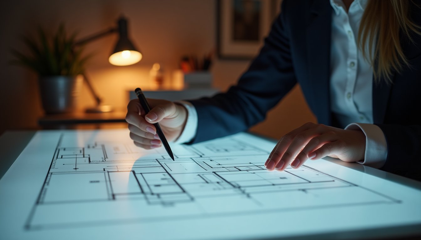 Profissional revisando detalhes técnicos em planta arquitetônica A3 com lupa sobre mesa iluminada