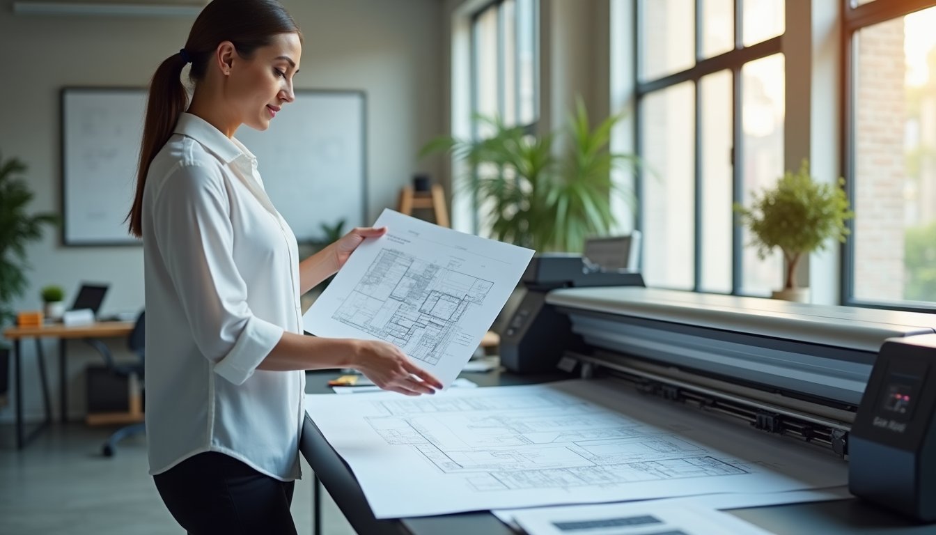 Mulher profissional usando impressora plotter A3 em escritório de arquitetura moderno com plantas e projetos ao fundo