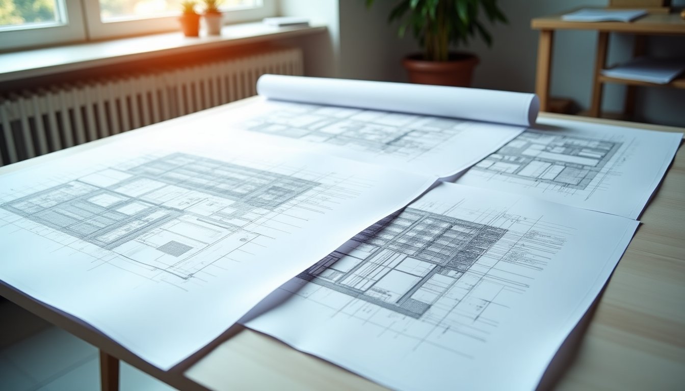 Plantas arquitetônicas e projetos técnicos em formato A0 e A1 impressos sobre mesa de trabalho em escritório de arquitetura