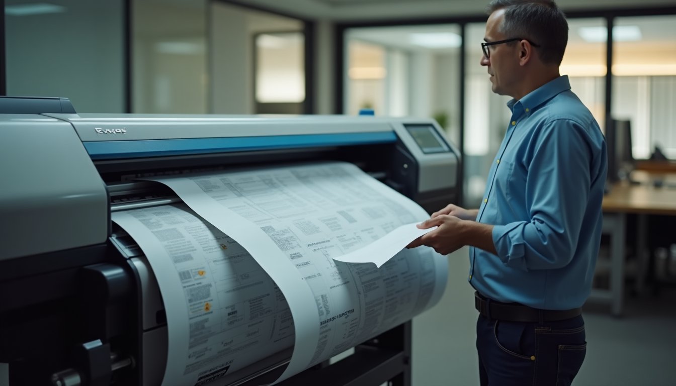 Plotter de impressão com defeito em escritório com luzes de erro no painel, profissional ao lado do equipamento