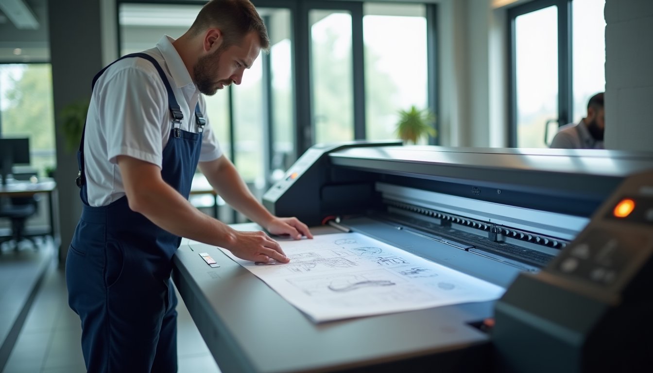 Técnico especializado realizando manutenção preventiva em plotter de grande formato dentro de escritório de arquitetura